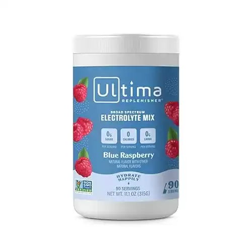 Ultima Replenisher Electrolyte Hydration Drink Mix, Blue Raspberry Flavor 90 Serving Canister - Sugar Free, 0 Calories, 0 Carbs - Gluten-Free, Keto, Non-GMO, Vegan, with Magnesium, Potassium, Calcium