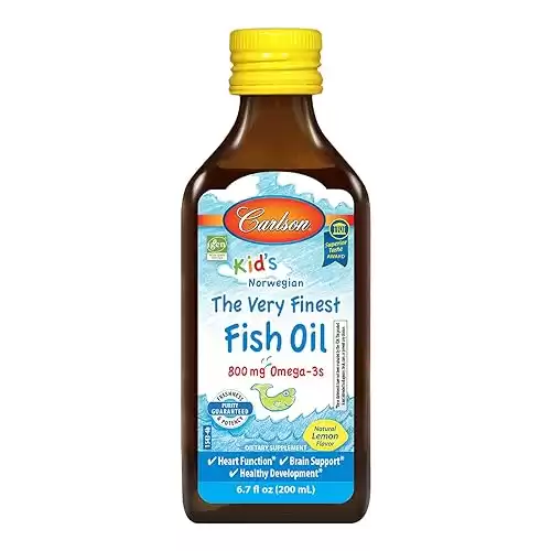 Carlson - Kid's The Very Finest Fish Oil Liquid, 800 mg Omega-3s, Norwegian, Wild-Caught Fish Oil, Omega 3 Liquid for Kids, Sustainably Sourced, Lemon, 200 ml