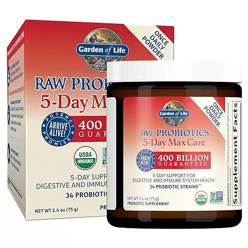 Garden of Life Organic Probiotic Powder for Women and Men - Raw Probiotics 5-Day Max Care 400 Billion CFU -  with Enzymes