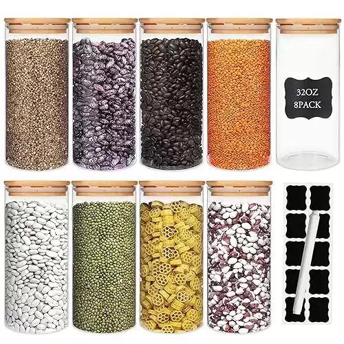 Glass Food Storage Containers Jars with Airtight Bamboo Lid 32oz 8pcs, Pantry Organization Jar